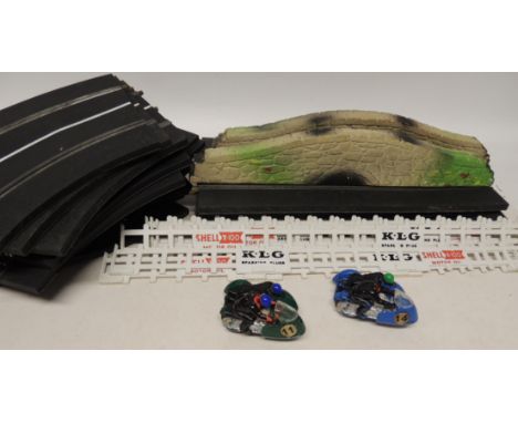 Triang Scalextric motorbike and sidecar; another (one rider lacks head); a quantity of track and fencing