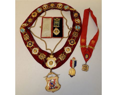 RAOB - an enamelled gilt metal chain "Order of Merit" mounted on heavy red velvet collar together with a cased RAOB medallion