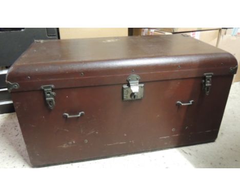 An early 20th Century car trunk covered in brown rexine, with lockable hinged lid and side carrying handles, 87cms wide 41cms