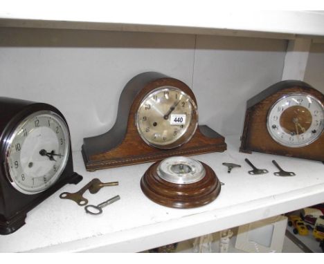 A 1930's Enfield bakelite mantle clock, 2 others and a barometer