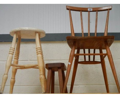 An Ercol kitchen chair, a stool and an early 20th century stool.