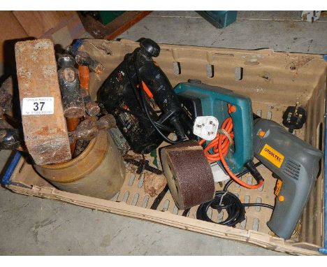 A box of tools, fret saw, planer, drill, hammers etc.,