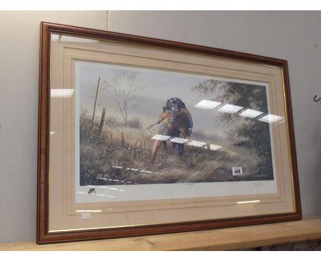 A large signed limited edition print of Dog and Pheasant The Retrieve No 2 of 195 by David Waller
