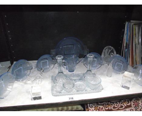 A 1930's blue glass trinket set and other glassware including fruit bowl set