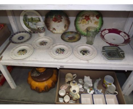 A collection of pottery and china including Leeds creamware floral plates, and a retro pottery light shade etc.