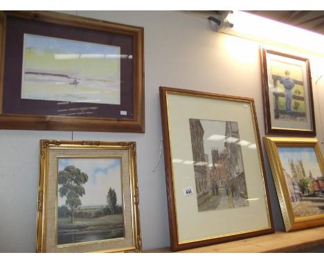 5 assorted original pictures including watercolours featuring York Minster from Low Petergate signed M B Turner, Lincoln Cath