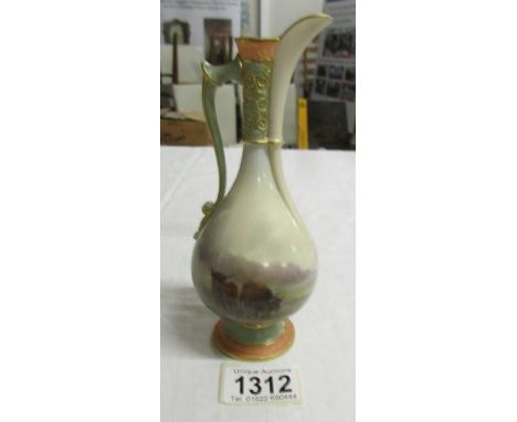 A Royal Worcester hand painted ewer with 2 Highland cattle, signed H Stinton,  18cm tall.