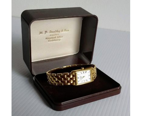 A lady's Tissot 1853 quartz watch on 18ct yellow gold case and conforming strap, hallmarked, with black Roman numerals, boxed