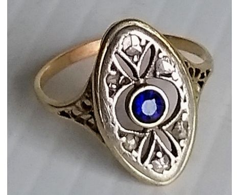 An Art Deco-style sapphire and diamond ring with rose-cut diamond decoration surrounding a brilliant-cut sapphire, size S, 3.