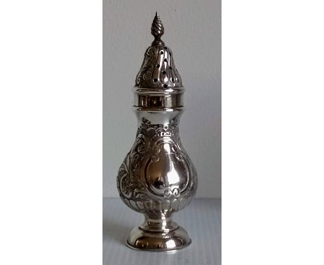 An Edwardian silver sugar shaker, 15 cm H with rococo decoration, vacant cartouche, by William Aitken, Birmingham, 1903; pair