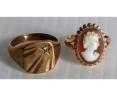 A 9ct yellow gold gent's ring, size R and a ladies cameo ring, size L 1/2, both hallmarked, 8.16g (2) 