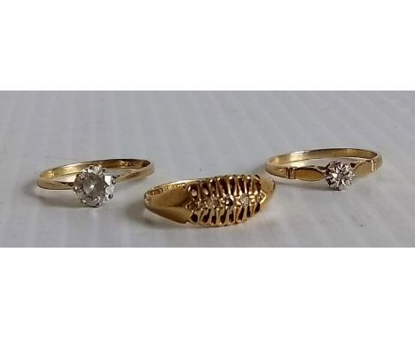 An Edwardian 18ct yellow gold five-stone diamond ring, size O, 2.75g and two 9ct gold paste-set rings, sizes N, O, 2.34g 