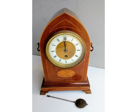 A Hamilton & Inches of Edinburgh Edwardian inlaid mahogany lancet-top mantel clock, French mechanism R&C, over wound 