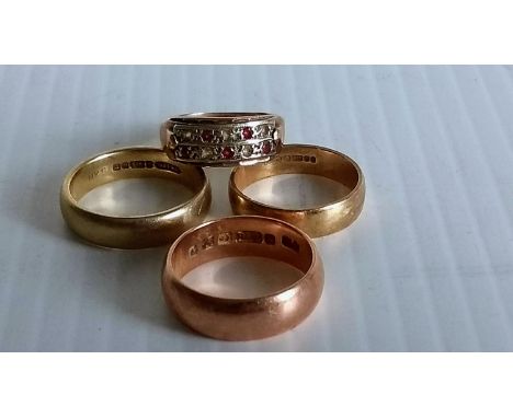 Three yellow and rose gold wedding bands and another with ruby decoration, all hallmarked 9ct, sizes, M,N, 15.6g 