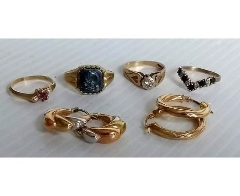 An intaglio hematite signet ring, solitaire ring, sapphire and diamond wishbone ring, two pairs of earrings all hallmarked 9c