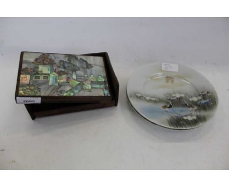 Chinese mother of pearl mounted casket decorated with figures, 17cm width, together with a pair of Japanese Kutani dishes wit