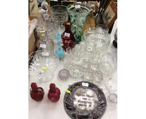 Antique and later glass vase to include green overlaid and cut glass vase, Victorian cut glass decanter, Victorian glass vase