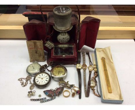 Unusual Victorian magnifying red leather watch case, four pocket watches to include one silver cased, other wristwatches, cos