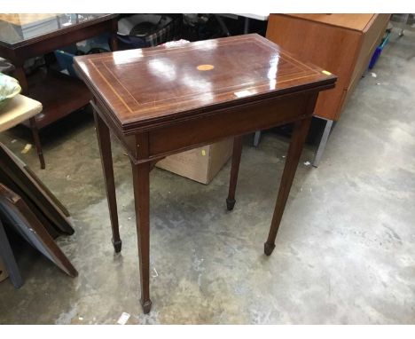 Edwardian inlaid mahogany card table on taper legs and spade feet 61 cm