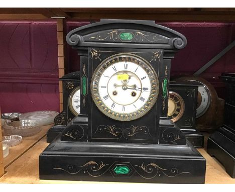 Victorian slate mantel clock with inlaid green stone decoration