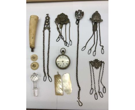 Five Victorian and later metal chatelaines, pocket watch, silver plated teapot and other items