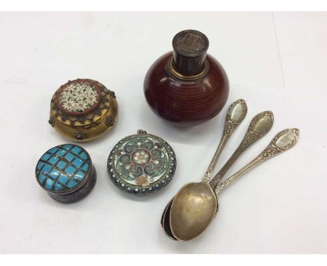 Three silver teaspoons, silver and enamel trinket pot, white metal enamelled powder compact, gilt metal micro mosaic pot and 