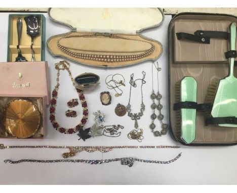 Vintage costume jewellery and bijouterie to include a Norman Hartnell powder compact, enamel travel dressing table set in cas