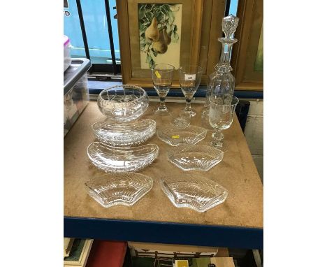 Set of five Cut glass Stuart crystal dishes, bowls, decanter, etc