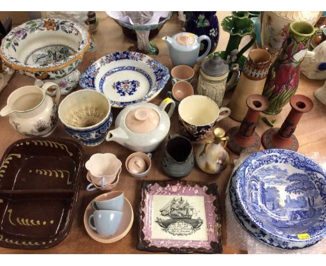 Poole Pottery tea ware, Masons pedestal bowl, pair Wedgwood candlesticks, Sunderland lustre plaque, slipware dish and other c
