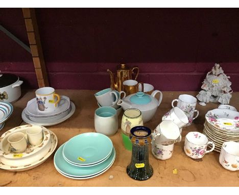 Collection of decorative china including Dresden figures, Royal Doulton vases, Poole ,Bunnykins etc