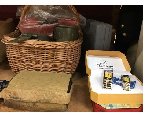 Army canteen and bully kit, plus Luciano his and hers watches and six goblets
