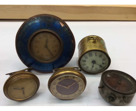 Five vintage desk and car clocks including two enamelled