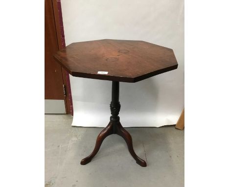 George III mahogany tripod wine table with octagonal tilt top on turned pedestal with spiral knop on three hipped splayed leg