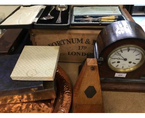 19th century French mantel clock in walnut case, various boxed cutlery, copper tray, metronome and sundries