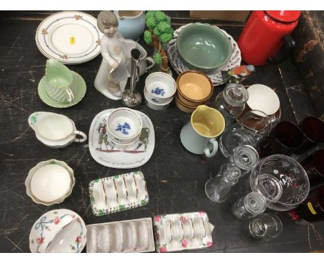 Assorted china and glassware, enamel coffee pot, ornaments, etc