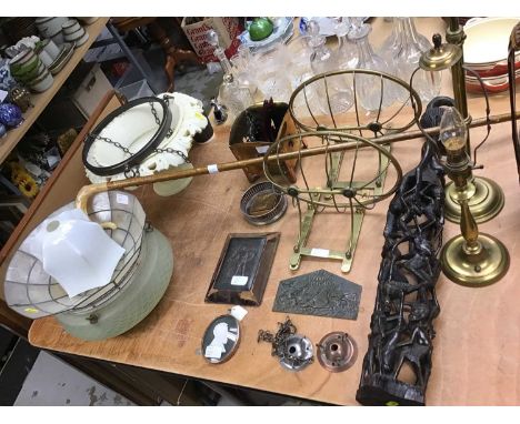 Carved wooden tribal family tree, two brass table lamps, together with other metal ware and lamp shades