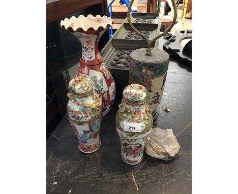 Pair of 19th century Chinese Canton famille rose vases, a 19th century Chinese crackle glaze lamp, and a Kutani vase