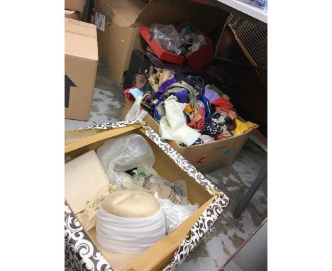Five boxes of various textiles, to include handbags, shoes, hats, scarves etc.