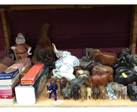 Group of Ornamental Elephants, playing cards, crown bowls, knower and other items