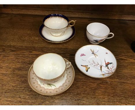 Royal Worcester cup and saucer with floral decoration, another Worcester cup with bird decoration, Worcester saucer with drag