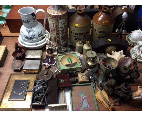 Two stoneware flagons, other ceramics, plated cigarette boxes, mantle clock and other items