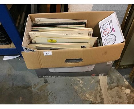 Box of records and a naive oil portrait of a young woman