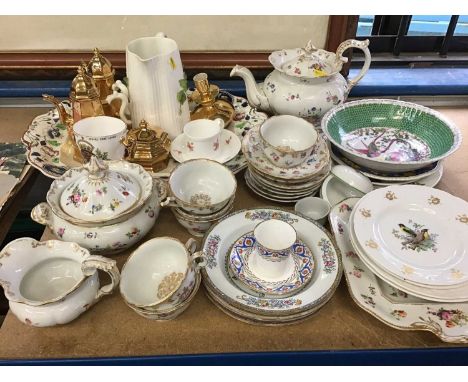 Group of ceramics, including floral painted tea set, gilt tea wares, Spode bird dishes, etc