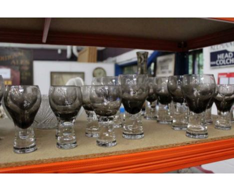 Vintage smoked glass decanter and glass set together with cut glass bowls