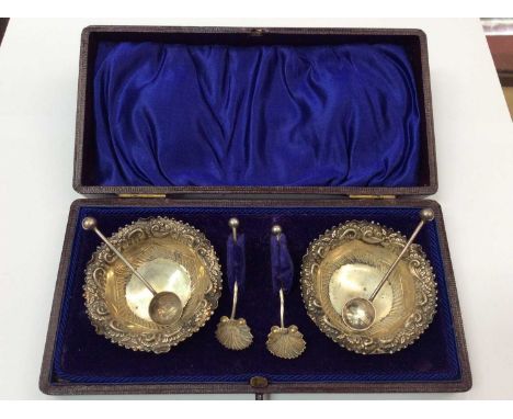 Pair of Victorian silver salts with spoons in original fitted box Birmingham 1898, and an Art Deco silver and guilloche ename