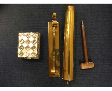 WWI munition repurposed as a gong, together with a mother-of-pearl and abalone box. (2)