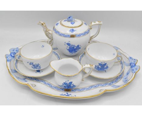 A Herend Apponyi blue design cabaret tea set painted with blue Chinese bouquet and gilded highlights consisting of a tray 40x