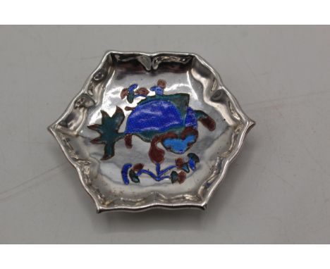 A Chinese, 20th century, silver and enamel dish of shaped hexagonal form decorated with an animal and flowers, with caricatur