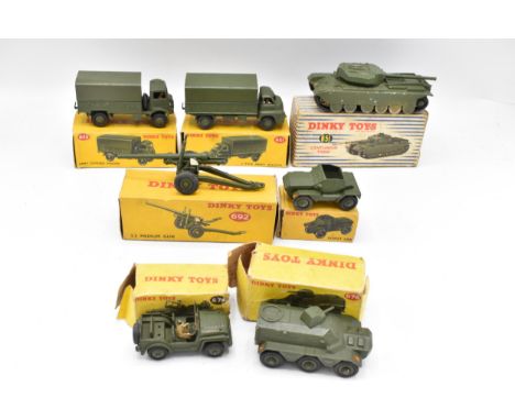 A collection of boxed Dinky military toys to include a 651 Centurion Tank, a 676 Armoured Personnel Carrier, a 623 Army Cover