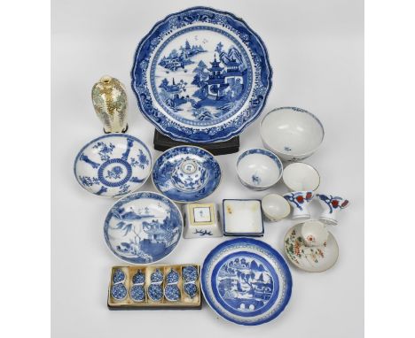 A small collection of Chinese and Japanese porcelain, to include a 19th century blue and white plate with pavilion scene, thr